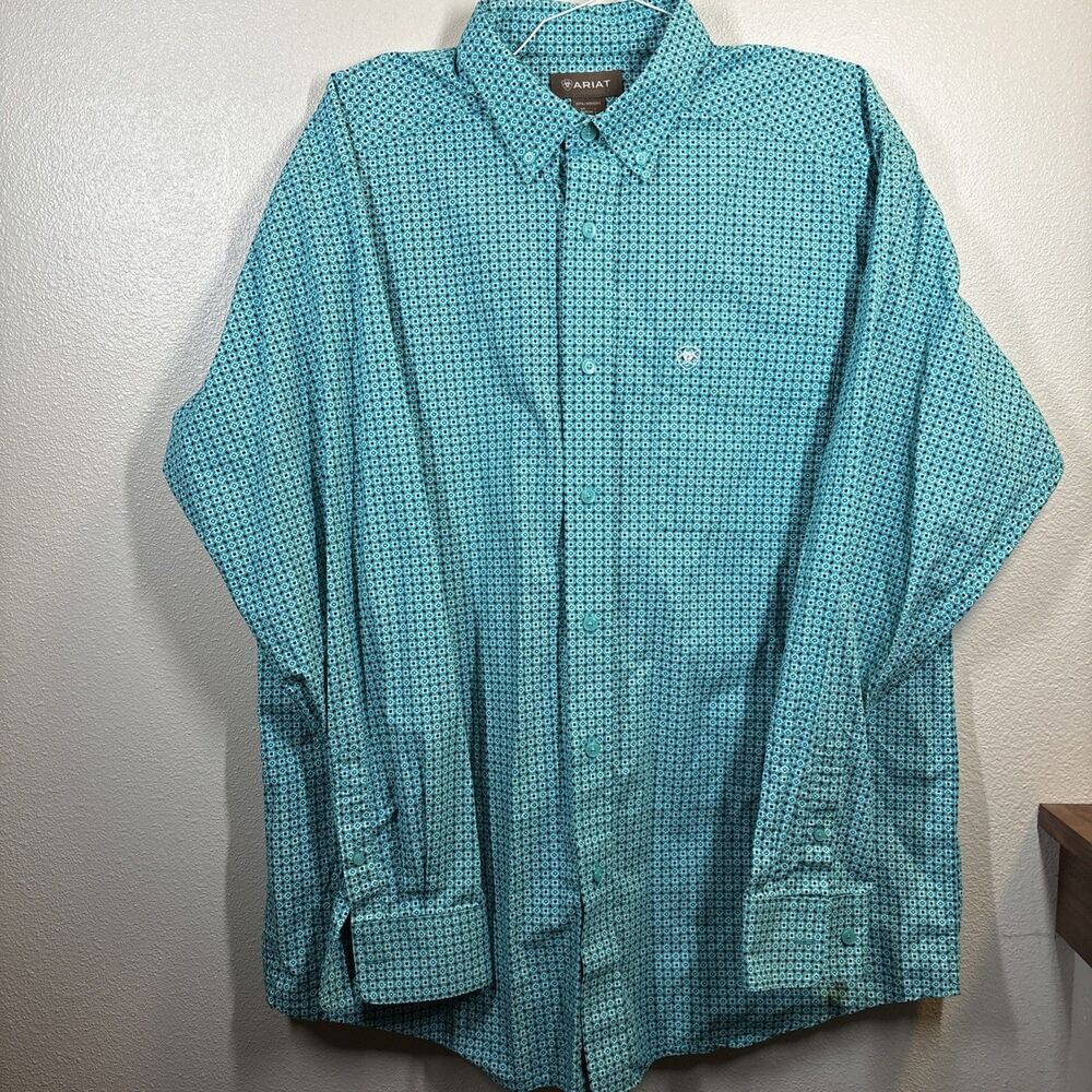 Ariat Mens Large Long Sleeve Button Down Shirt Teal Blue Geometric Print Fitted - Picture 3 of 11